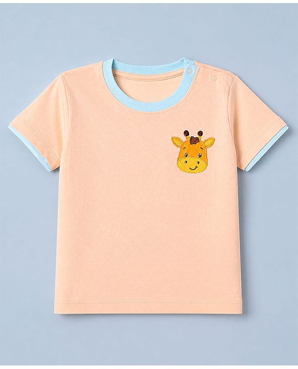 Babyhug 100% Cotton Single Jersey Knit Half Sleeves T-Shirt and Shorts with Giraffe Patch - Peach