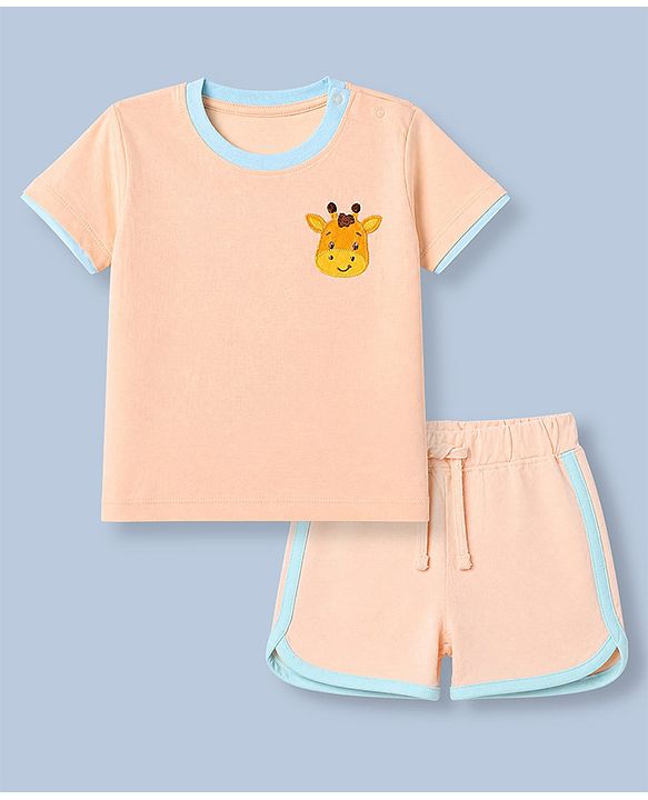 Babyhug 100% Cotton Single Jersey Knit Half Sleeves T-Shirt and Shorts with Giraffe Patch - Peach