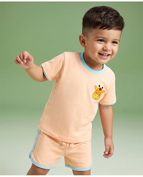 Babyhug 100% Cotton Single Jersey Knit Half Sleeves T-Shirt and Shorts with Giraffe Patch - Peach
