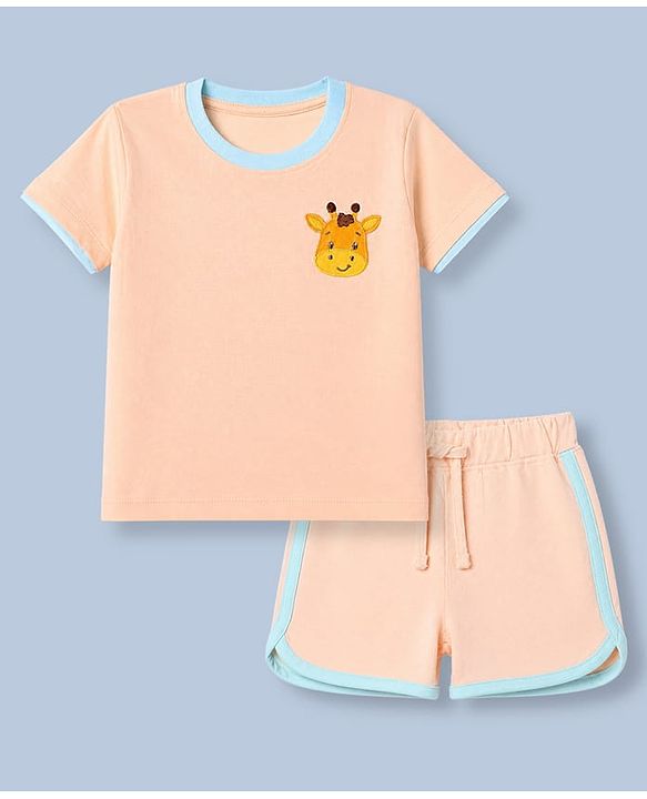Babyhug 100% Cotton Single Jersey Knit Half Sleeves T-Shirt and Shorts with Giraffe Patch - Peach