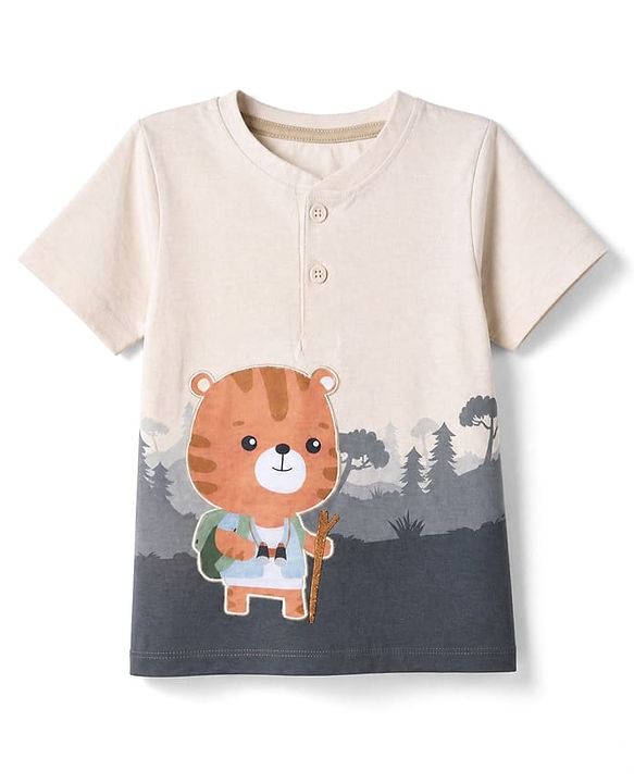 Babyhug 100% Cotton Single Jersey Knit Half Sleeves Tiger Printed T-Shirt & Shorts Set - Beige