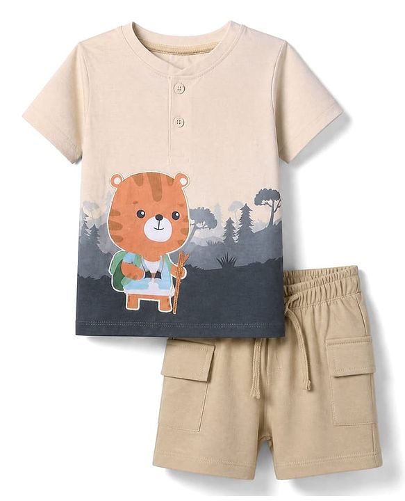 Babyhug 100% Cotton Single Jersey Knit Half Sleeves Tiger Printed T-Shirt & Shorts Set - Beige