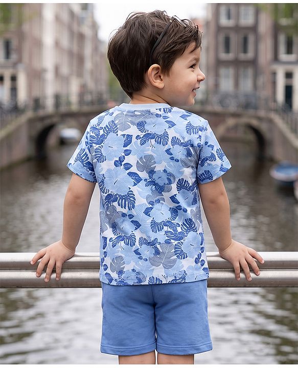 Babyhug 100% Cotton Single Jersey Knit Half Sleeves T-Shirt & Shorts Set With Floral Print - Light Blue