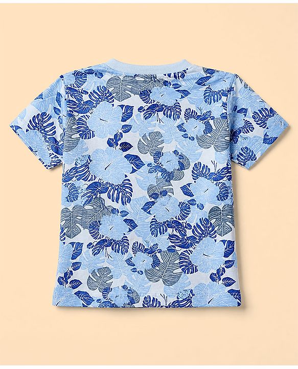 Babyhug 100% Cotton Single Jersey Knit Half Sleeves T-Shirt & Shorts Set With Floral Print - Light Blue