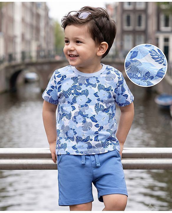 Babyhug 100% Cotton Single Jersey Knit Half Sleeves T-Shirt & Shorts Set With Floral Print - Light Blue