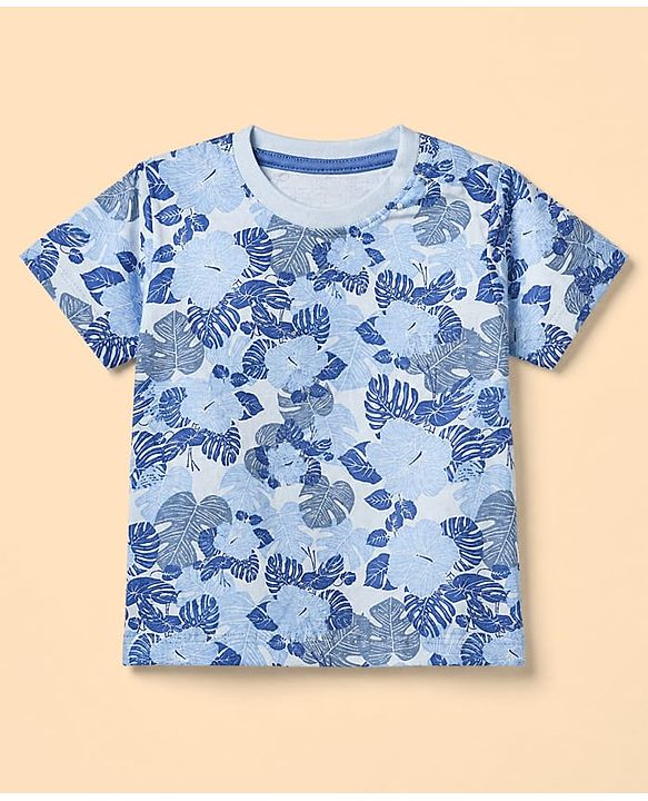 Babyhug 100% Cotton Single Jersey Knit Half Sleeves T-Shirt & Shorts Set With Floral Print - Light Blue