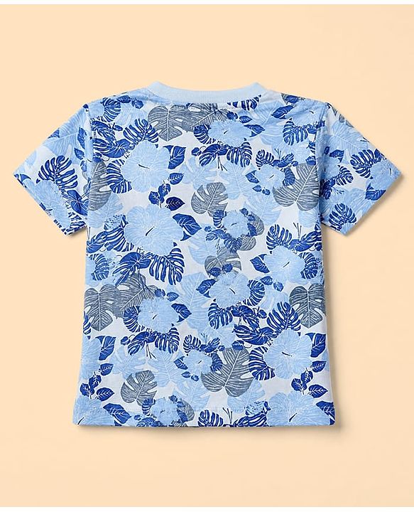 Babyhug 100% Cotton Single Jersey Knit Half Sleeves T-Shirt & Shorts Set With Floral Print - Light Blue
