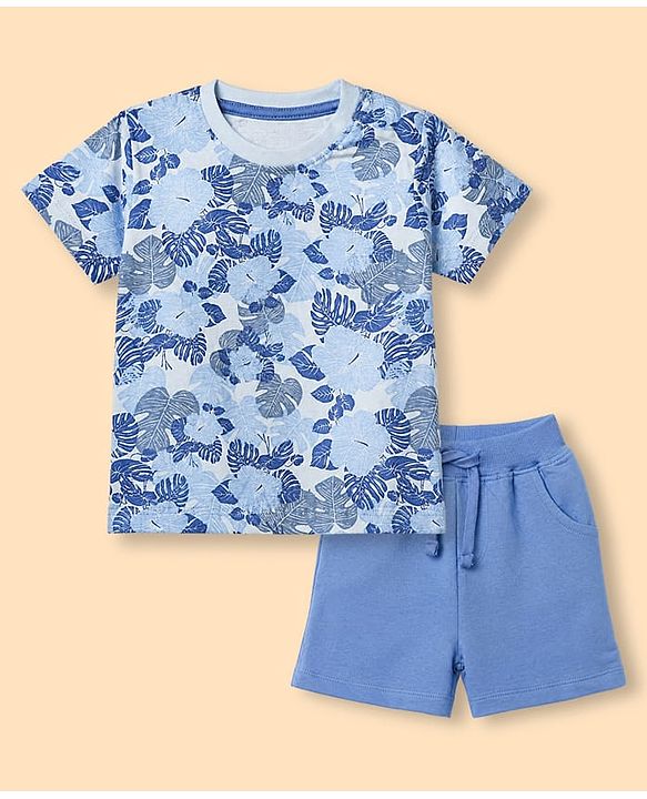 Babyhug 100% Cotton Single Jersey Knit Half Sleeves T-Shirt & Shorts Set With Floral Print - Light Blue
