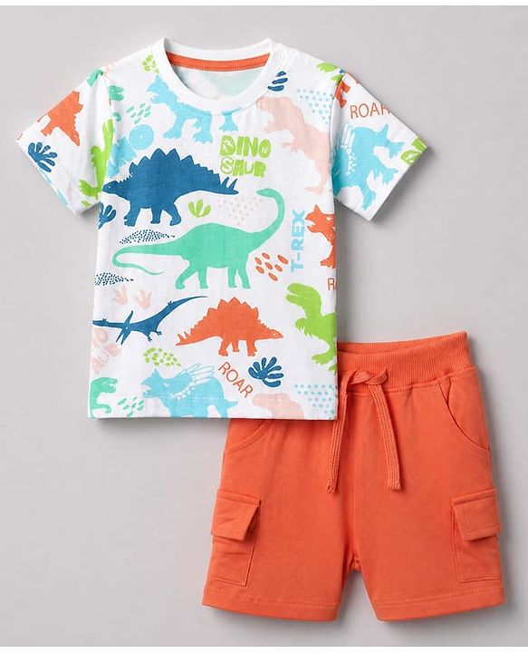 Babyhug 100% Cotton Knit Half Sleeves Dino Printed T-Shirt & Shorts Set - Orange