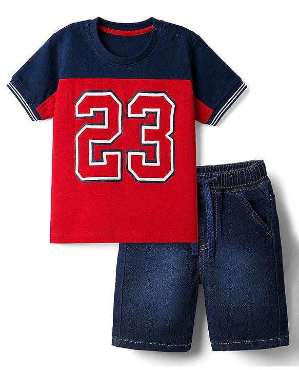 Babyhug Single Jersey Knit Half Sleeves T-Shirt and Shorts with Knee Length and 23 Applique in Blue