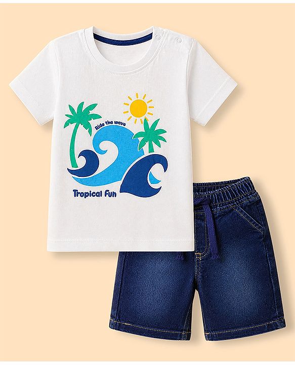 Babyhug Single Jersey Knit Denim Half Sleeves T-Shirts & Shorts Set with Beach Scene Print - White