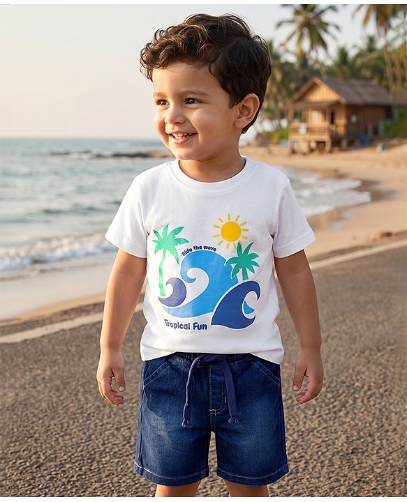 Babyhug Single Jersey Knit Denim Half Sleeves T-Shirts & Shorts Set with Beach Scene Print - White