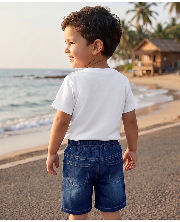 Babyhug Single Jersey Knit Denim Half Sleeves T-Shirts & Shorts Set with Beach Scene Print - White