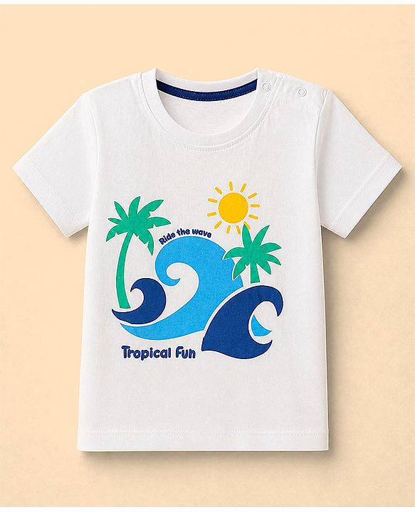 Babyhug Single Jersey Knit Denim Half Sleeves T-Shirts & Shorts Set with Beach Scene Print - White