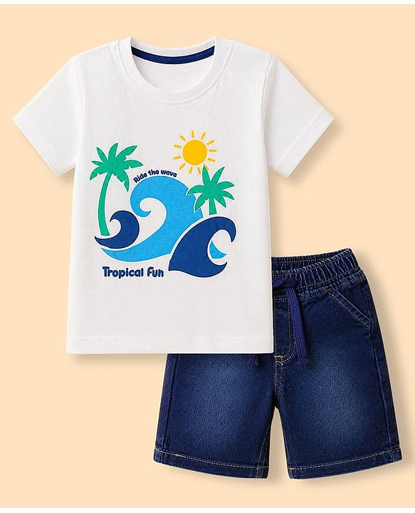 Babyhug Single Jersey Knit Denim Half Sleeves T-Shirts & Shorts Set with Beach Scene Print - White