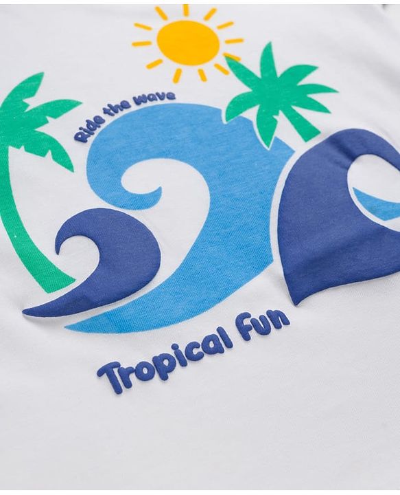 Babyhug Single Jersey Knit Denim Half Sleeves T-Shirts & Shorts Set with Beach Scene Print - White