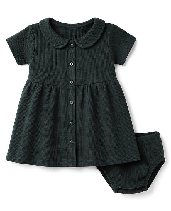 Babyhug Waffle Knit Frock and Bloomer with Half Sleeves in Green for New born