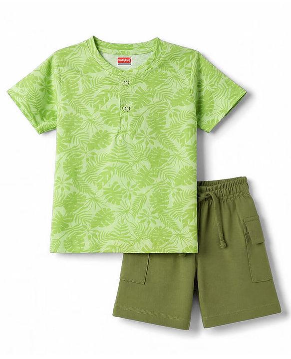 Babyhug 100% Cotton Single Jersey Knit Half Sleeves T-Shirt & Shorts Set Leaf Print - Green
