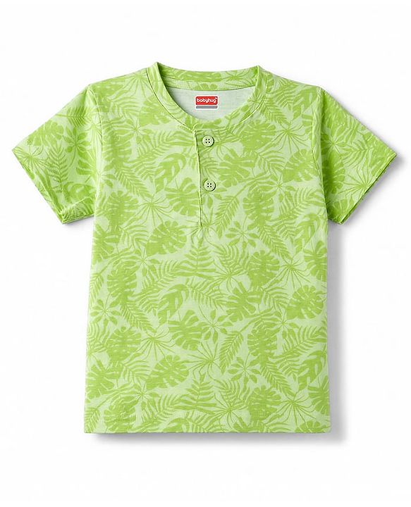 Babyhug 100% Cotton Single Jersey Knit Half Sleeves T-Shirt & Shorts Set Leaf Print - Green