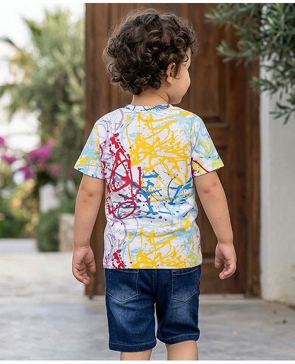 Babyhug Single Jersey Knit Half Sleeves T-Shirt and Shorts with Splatter Print - White