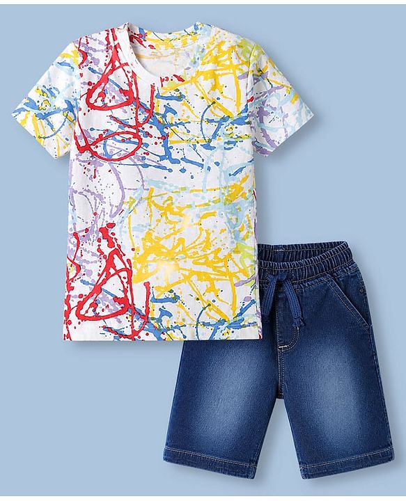 Babyhug Single Jersey Knit Half Sleeves T-Shirt and Shorts with Splatter Print - White