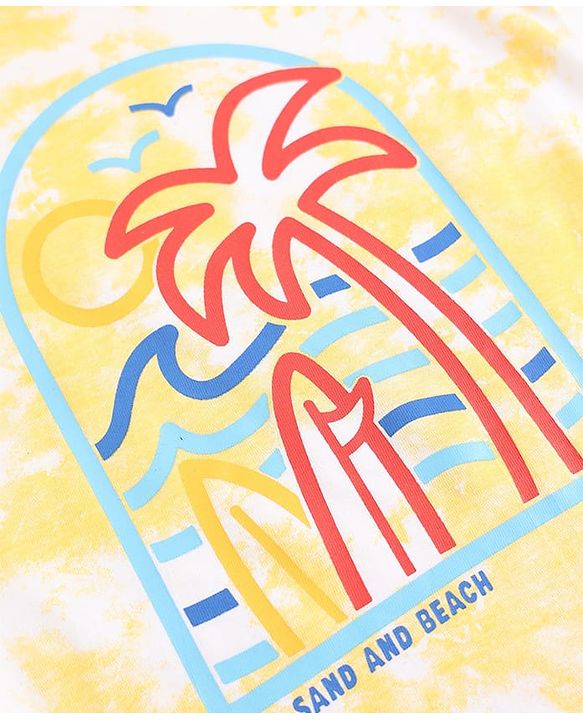 Babyhug Single Jersey Knit Half Sleeves T-Shirt & Denim Shorts Set With Beach Scene Print - Yellow