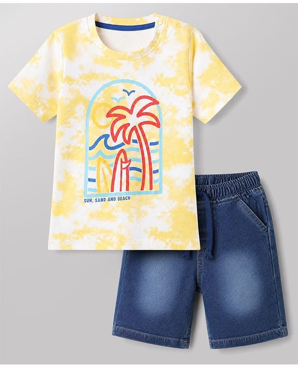Babyhug Single Jersey Knit Half Sleeves T-Shirt & Denim Shorts Set With Beach Scene Print - Yellow