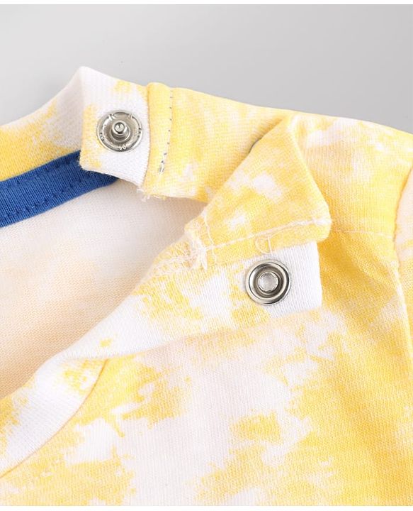 Babyhug Single Jersey Knit Half Sleeves T-Shirt & Denim Shorts Set With Beach Scene Print - Yellow