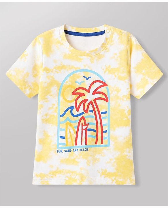Babyhug Single Jersey Knit Half Sleeves T-Shirt & Denim Shorts Set With Beach Scene Print - Yellow