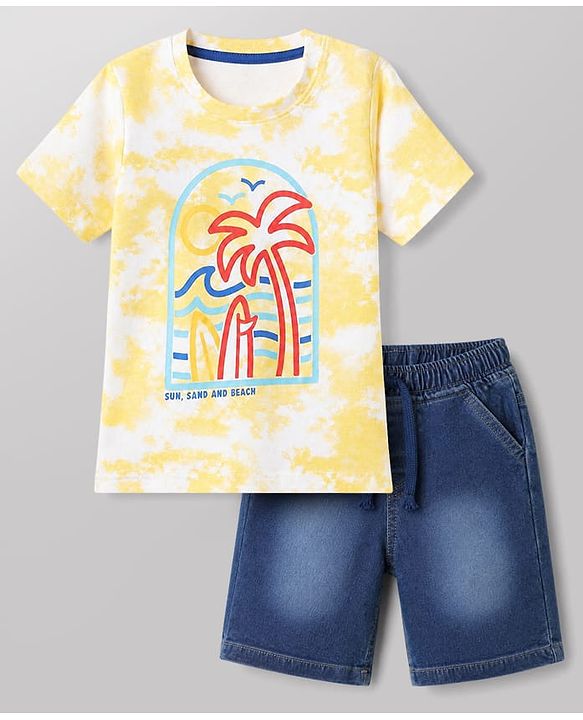 Babyhug Single Jersey Knit Half Sleeves T-Shirt & Denim Shorts Set With Beach Scene Print - Yellow