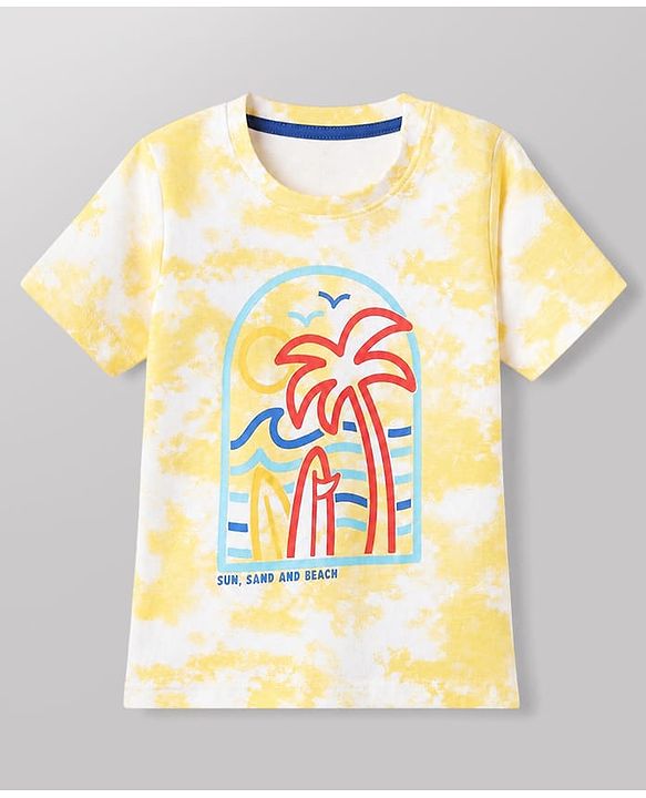 Babyhug Single Jersey Knit Half Sleeves T-Shirt & Denim Shorts Set With Beach Scene Print - Yellow