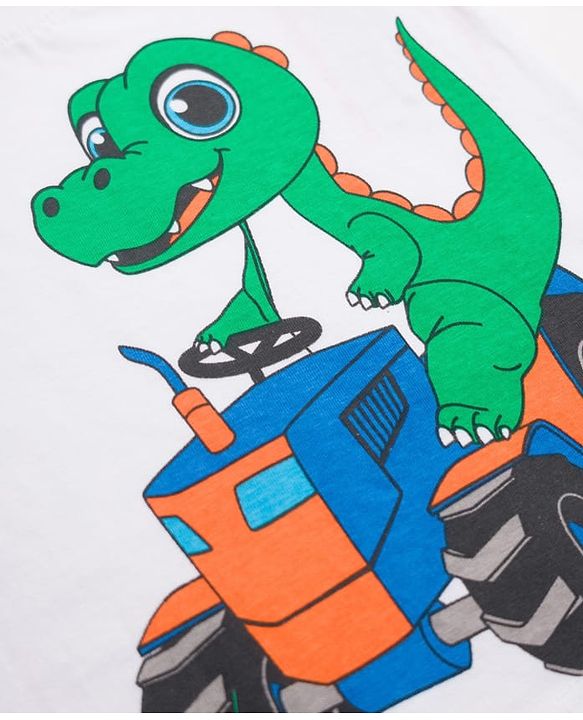 Babyhug 100% Cotton Knit Half Raglan Sleeves Dino & Tractor Printed T-Shirt & Shorts Set - Green & Yellow