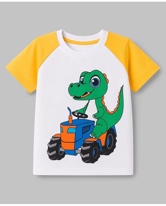 Babyhug 100% Cotton Knit Half Raglan Sleeves Dino & Tractor Printed T-Shirt & Shorts Set - Green & Yellow