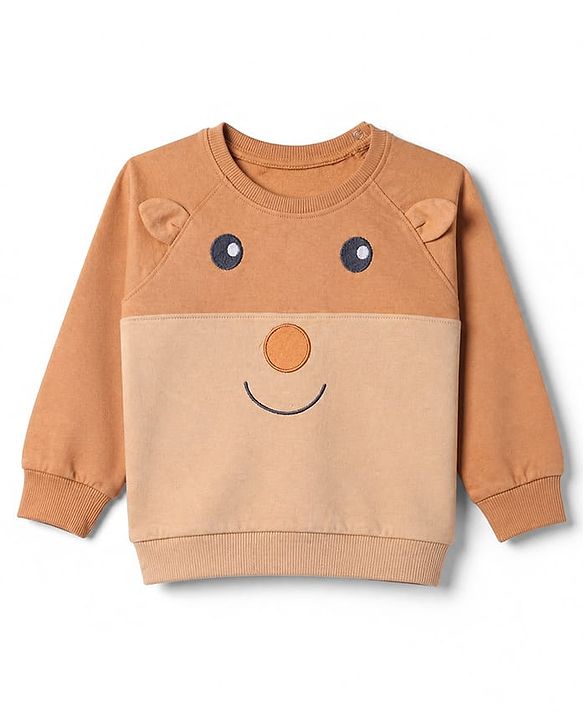 Babyhug Terry Knit Full Sleeves T-Shirt & Joggers Set With Applique - Brown