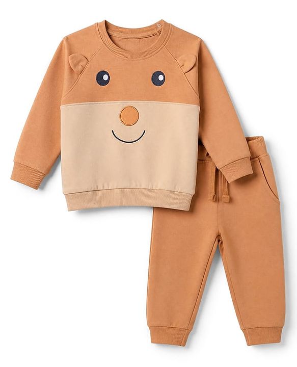 Babyhug Terry Knit Full Sleeves T-Shirt & Joggers Set With Applique - Brown