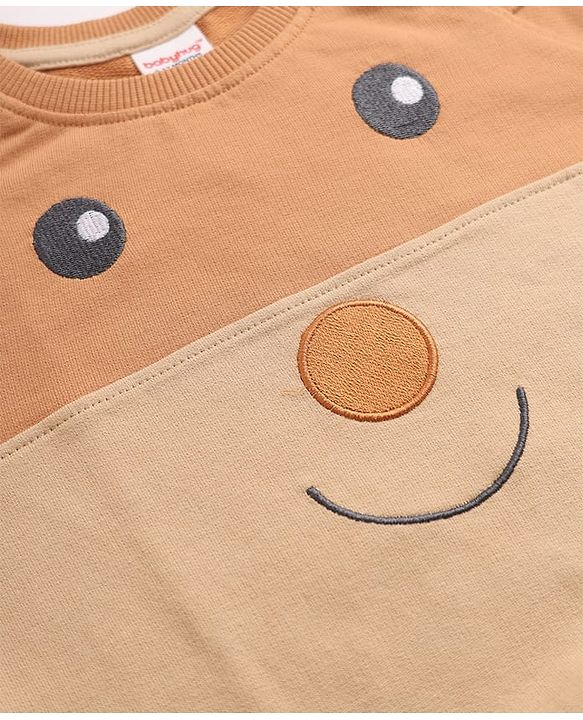 Babyhug Terry Knit Full Sleeves T-Shirt & Joggers Set With Applique - Brown