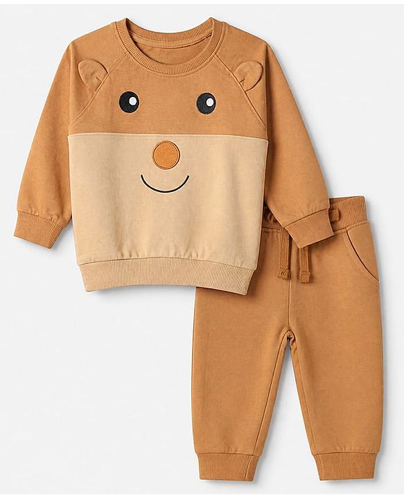 Babyhug Terry Knit Full Sleeves T-Shirt & Joggers Set With Applique - Brown