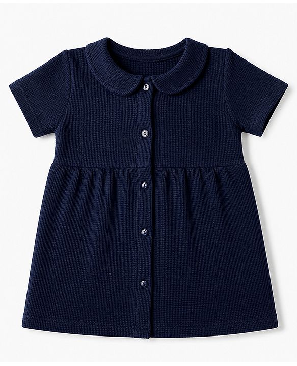 Babyhug Cotton Waffle Knit Frock and Bloomer with Half Sleeves in Navy Blue for New born