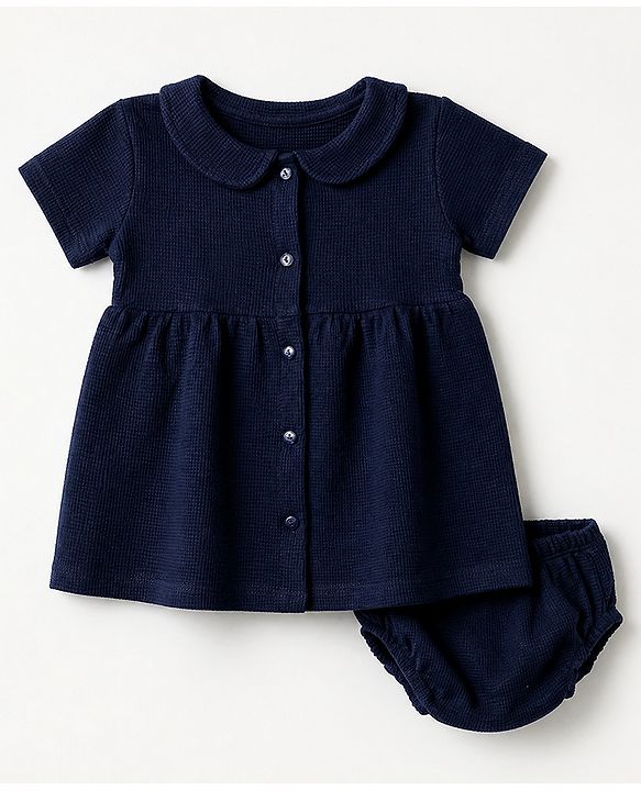 Babyhug Cotton Waffle Knit Frock and Bloomer with Half Sleeves in Navy Blue for New born