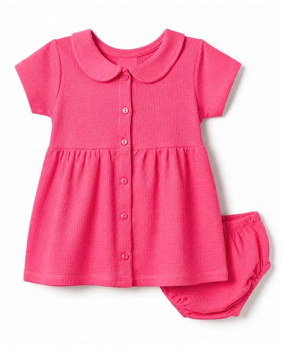 Babyhug Waffle Knit Half Sleeves Frock With Bloomer Set - Pink