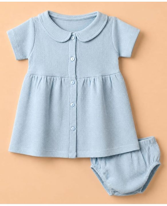 Babyhug Waffle Knit Half Sleeves Frock With Bloomer - Light Blue
