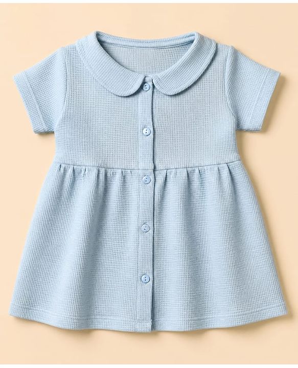 Babyhug Waffle Knit Half Sleeves Frock With Bloomer - Light Blue