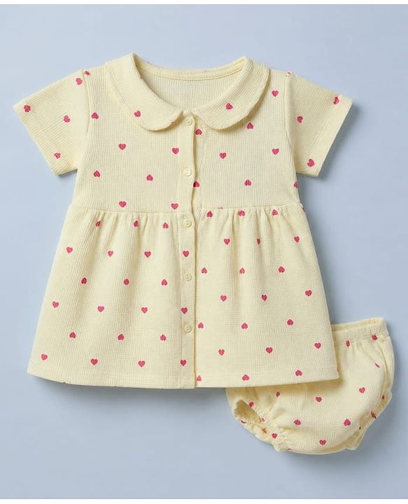 Babyhug Waffle Knit Frock and Bloomer with Half Sleeves and Hearts Print in Yellow for New born