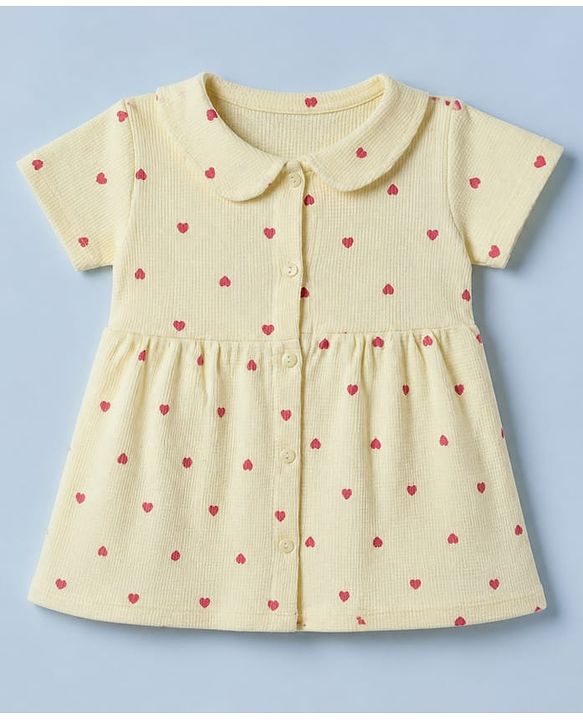 Babyhug Waffle Knit Frock and Bloomer with Half Sleeves and Hearts Print in Yellow for New born