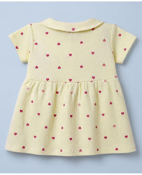 Babyhug Waffle Knit Frock and Bloomer with Half Sleeves and Hearts Print in Yellow for New born
