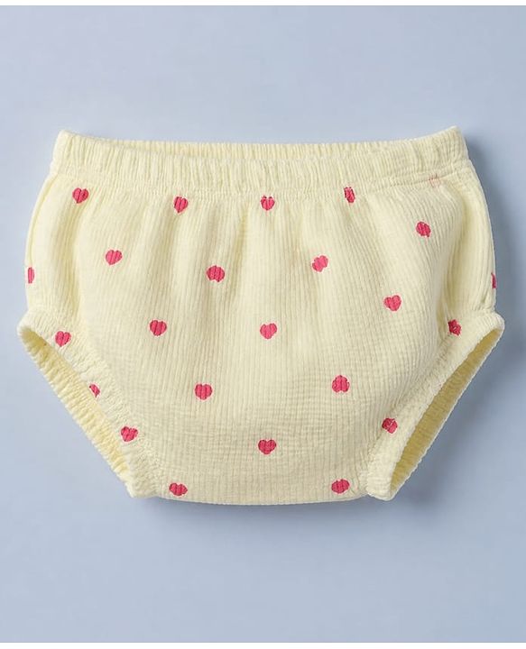 Babyhug Waffle Knit Frock and Bloomer with Half Sleeves and Hearts Print in Yellow for New born