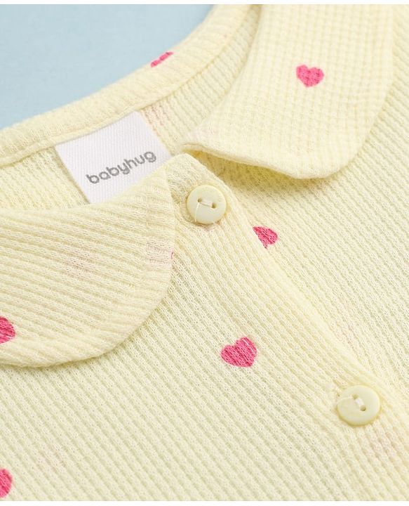 Babyhug Waffle Knit Frock and Bloomer with Half Sleeves and Hearts Print in Yellow for New born