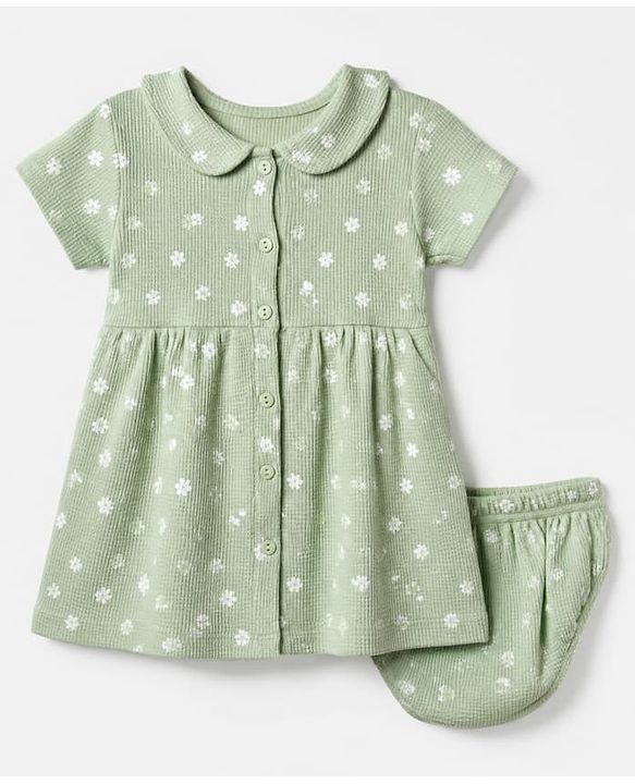 Babyhug Waffle Knit Half Sleeves Floral Printed Frock With Bloomer Set - Light Green