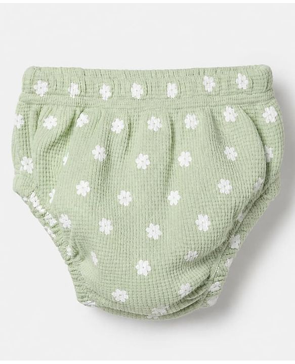 Babyhug Waffle Knit Half Sleeves Floral Printed Frock With Bloomer Set - Light Green