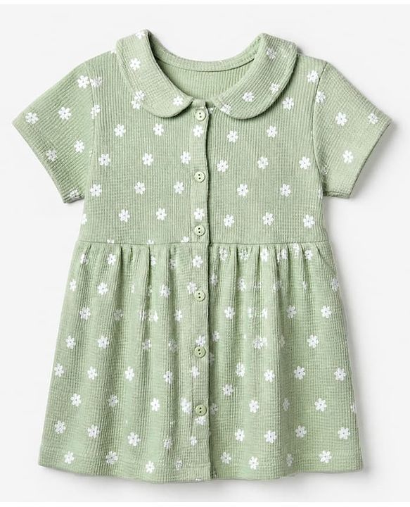 Babyhug Waffle Knit Half Sleeves Floral Printed Frock With Bloomer Set - Light Green